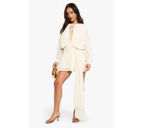 Boohoo Petite Chiffon Ruched Drape Smock Dress In Cream cream 16