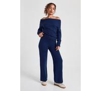 Boohoo Petite Chunky Knitted Bardot Jumper And Straight Leg Trouser Co-Ord In Navy navy XL