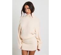 Boohoo Petite Cinched Hem High Neck Knitted Mini Dress In Cream cream XL