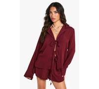 Boohoo Petite Crinkle Beaded Tie Front Beach Co Ord In Burgundy burgundy 6