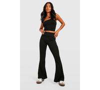 Boohoo Petite Crinkle Rib Thick Waistband Flares In Black black 6