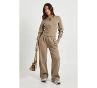 Boohoo Petite Deep Hem Popper Bomber Sweatshirt Tracksuit In Washed Khaki washed khaki M