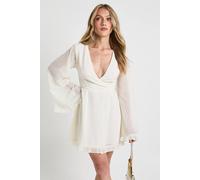 Boohoo Petite Dobby Flare Sleeve Wrap Mini Dress In Cream cream 10