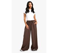 boohoo Women's Petite Drawstring Stripe Wide Leg Trousers in Chocolate | Size: 16