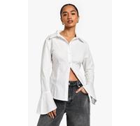 Boohoo Petite Flared Sleeve Cinched Waist Shirt In White white 12