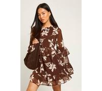 Boohoo Petite Floral Chiffon Ruffle Smock Dress In Chocolate chocolate 14