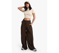 Boohoo Petite Fluid Belted Wide Leg Trousers In Chocolate chocolate 14