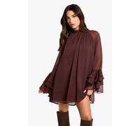 Boohoo Petite High Neck Volume Sleeve Chiffon Smock Dress In Plum plum 6