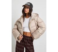 boohoo Women's Petite Hooded Padded Puffer Jacket in Stone | Size: 10