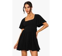 boohoo Women's Petite Linen Mix Corset Angel Sleeve Skater Dress in Black | Size: 10