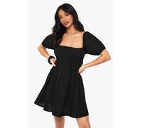 Boohoo Petite Linen Puff Sleeve Smock Mini Dress In Black black 16