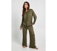 Boohoo Petite Long Sleeve Shirt & Trousers Pyjama Set In Olive olive 14
