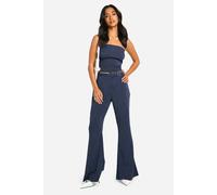 Boohoo Petite Low Waist Pinstripe Flare Trousers In Navy navy 14