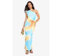 boohoo Women's Petite One Shoulder Floral Print Mesh Dress in Blue | Size: 16