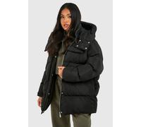 Boohoo Petite Oversized Pocket Detail Puffer Jacket In Black black