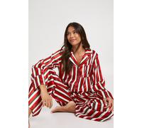 boohoo Women's Petite Oversized Satin Stripe Long Sleeve Shirt & Trousers Pyjama Set in Red | Size: 14