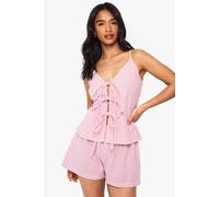 Boohoo Petite Pinstripe Halter Neck Tie Short Co Ord In Red red 12