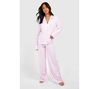 Boohoo Petite Pinstripe Heart Print Long Sleeve Shirt & Trousers Pyjama Set In Pink pink 14
