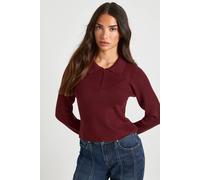 Boohoo Petite Premium Long Sleeve Collared Rib Knit Top In Chocolate chocolate L
