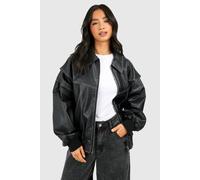 Boohoo Petite Pu Contrast Stitch Oversized Bomber Jacket In Black black 14