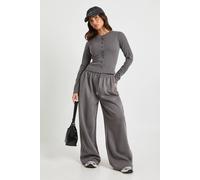 Boohoo Petite Rib Button Through Long Sleeve Tracksuit In Charcoal charcoal