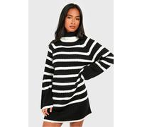 Boohoo Petite Roll Neck Wide Sleeve Stripe Jumper Dress In Black black 8