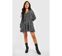 Boohoo Petite Smudge Print Skater Shirt Dress In Black black 8