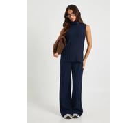 boohoo Women's Petite Soft Knit Longline Roll Neck Sleeveless Jumper & Wide Leg Trouser Co-Ord in Navy | Size: Medium
