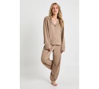 boohoo Women's Petite Soft Touch Button Through Shirt & Trouser Pyjama Set in Mocha | Size: 6