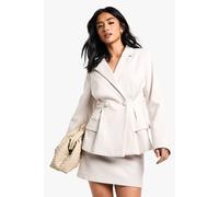 Boohoo Petite Stripe Cinched Waist Wool Look Blazer In Taupe taupe 14