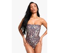 boohoo Women's Petite Swimwear Essentials Leopard Bandeau Swimsuit in Brown | Size: 12