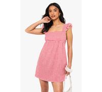 Boohoo Petite Textured Gingham Swing Mini Dress red 10