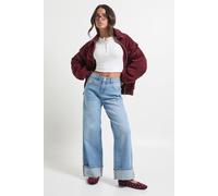 Boohoo Petite Turn Up High Waist Straight Leg Jean In Mid Wash mid wash 8