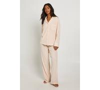 Boohoo Petite Velour Fleece Ribbed Long Sleve Shirt & Trousers Lounge Set In Cream cream 16