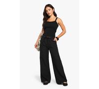 Boohoo Petite Woven Elasticated Waist Straight Leg Trousers In Black black 6