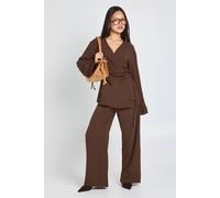 Boohoo Petite Woven Wrap Top & Trouser Set In Chocolate chocolate 14