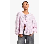 Boohoo Pink And Green Stripe Tie Front Puff Long Sleeve Smock Top pink 6