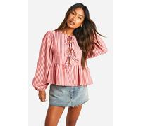 Boohoo Pink And Red Stripe Tie Front Puff Long Sleeve Smock Top pink 10