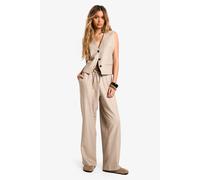 Boohoo Pinstripe Tailored Wide Leg Trousers In Beige beige 8