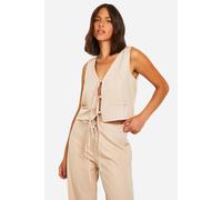 boohoo Women's Pinstripe Tie Front Tailored Waistcoat in Stone | Size: 14