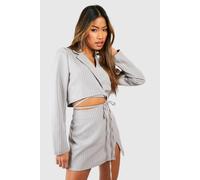 Boohoo Pinstripe Tie Waist Cropped Blazer In Grey grey 12