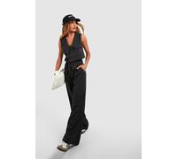 Boohoo Pinstripe Tie Waist Tailored Wide Leg Trousers In Black black 14