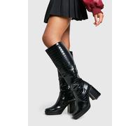 Boohoo Platform Croc Block Heel Knee High Boots In Black black 6