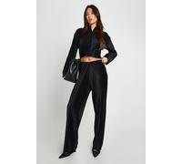 Boohoo Plisse Boxy Cropped Button Through Long Sleeve Top In Black black 12