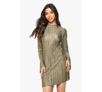 Boohoo Plisse Flared Long Sleeve Mini Dress In Olive olive 8