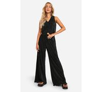 Boohoo Plisse Relaxed Fit Wide Leg Trousers In Black black 14