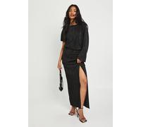 Boohoo Plisse Ruched Split Maxi Dress In Black black 8