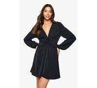 Boohoo Plunge Ruched Waist Mini Dress In Black black 12