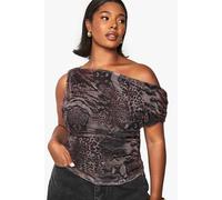 Boohoo Plus Abstract Asymmetric Ruched Top In Black black 26