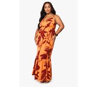 Boohoo Plus Abstract Floral Smock Maxi Dress In Orange orange 28